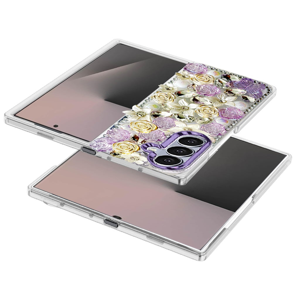 For Samsung Galaxy Z Fold 7 3D Diamond Floral Roses Flower Bling Stone Hybrid, Sparkly Rhinestone Gemstone Back Shockproof Case Cover