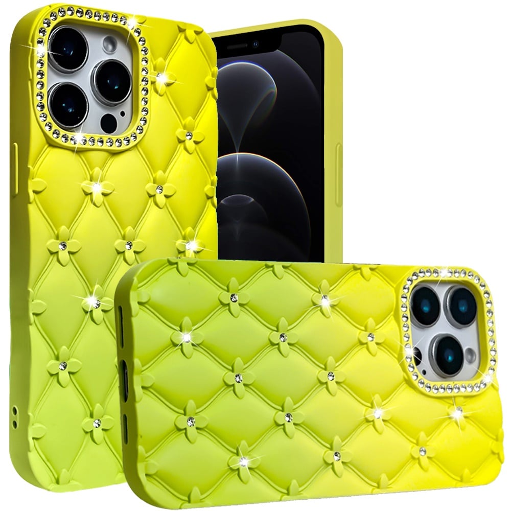 For Apple iPhone 12 Pro Max Fashion Flower Design Sparkle Glitter Shimmer Rhinestone Bling Floral Accents, Leather Texture TPU Case Cover