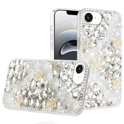 For Apple iPhone 17E /16E Fashion Rose Flower Floral Bling Crystal 3D Full Diamonds Pearl Sparkle Rhinestone Glitter Hybrid Case Cover