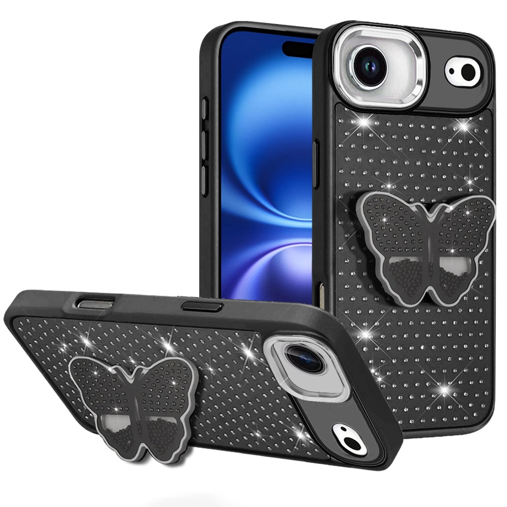 For Apple iPhone 17 Air (6.6") Butterfly Moveable Grip 3D Pop Stand Full Diamond Bling Sparkling TPU Fashion Hybrid Case Cover