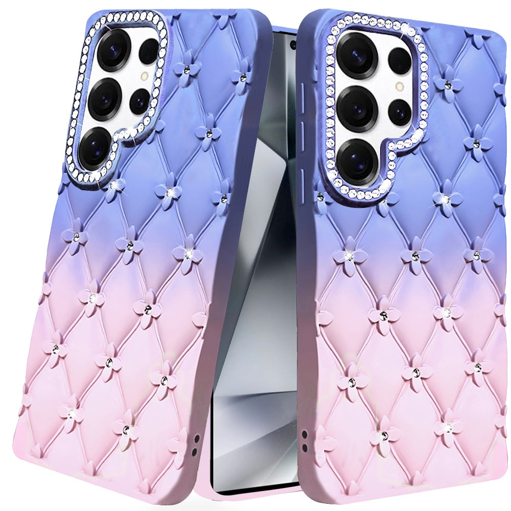 For Samsung Galaxy S24 Ultra Fashion Flower Design Sparkle Glitter Shimmer Rhinestone Bling Floral Accents, Leather Texture TPU Case Cover