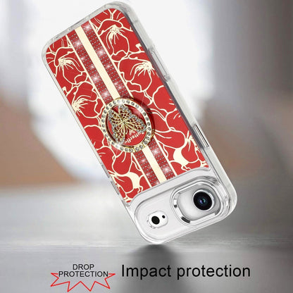 For Apple iPhone 17 Air (6.6") Diamonds 3D Butterfly Floral Design Bling Sparkly Glitter Hybrid Metal Fashion with Ring Stand Case Cover