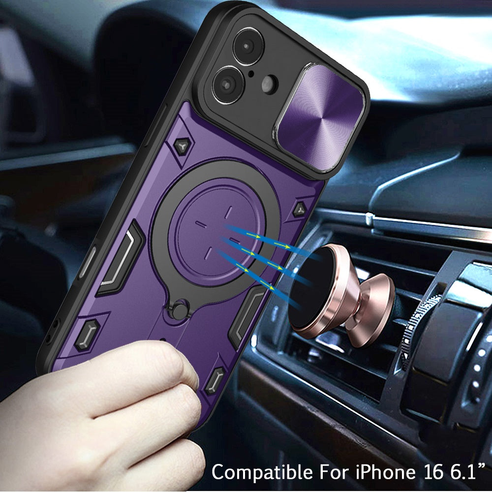 For iPhone 16 (6.1") Hybrid Magnetic 360° Ring Kickstand, MagSafe Compatible, Durable Full Camera Lens Protection Case Cover Dark Purple