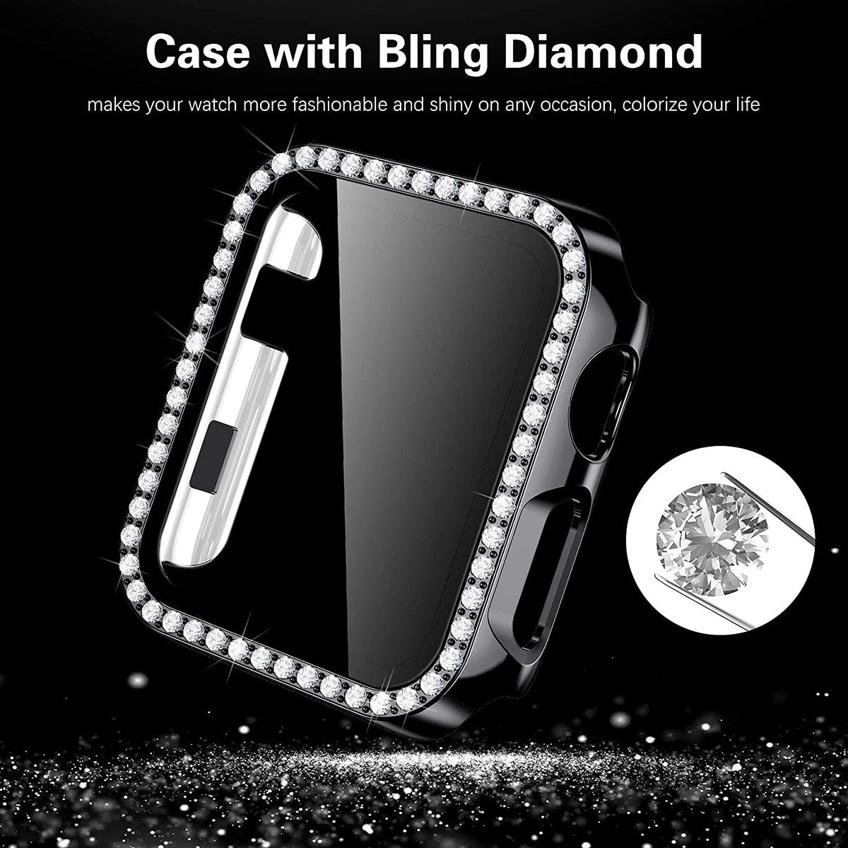For Apple Watch Size 46mm Luxury Bling Cover Diamond Electroplate Rhinestone Bumper Protective Frame with Tempered Glass Screen Protector Case Cover