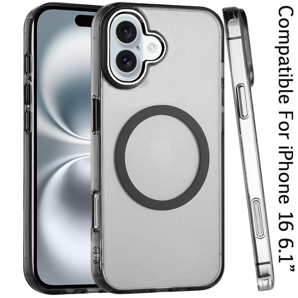 Phone Case for Apple iPhone 16 Magnetic Clear Acrylic Metal Button Camera Guard Shockproof Transparent Slim Grip Premium Hybrid Cover Black