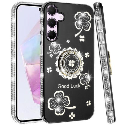 For Samsung Galaxy A36 Diamonds Bling All Around Edges Sparkly Glitter Hybrid with Ring Stand Holder Fashion Good Luck Case Cover