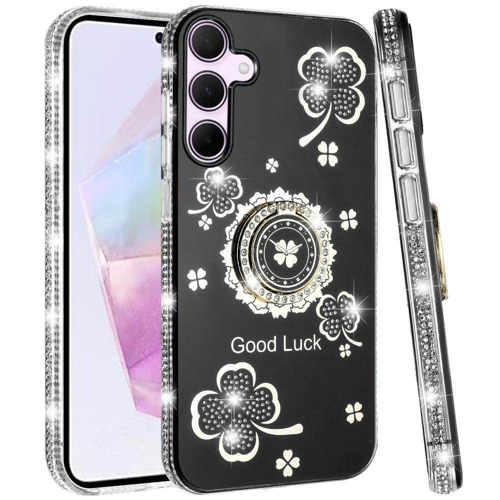 For Apple iPhone 17E /16E Diamonds Bling All Around Edges Sparkly Glitter Hybrid with Ring Stand Holder Fashion Good Luck Case Cover