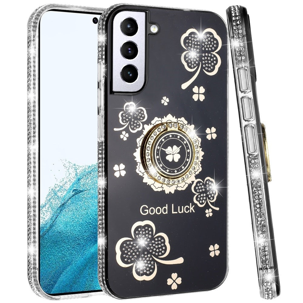 For Samsung Galaxy S22 Diamonds Bling All Around Edges Sparkly Glitter Hybrid with Ring Stand Holder Fashion Good Luck Case Cover