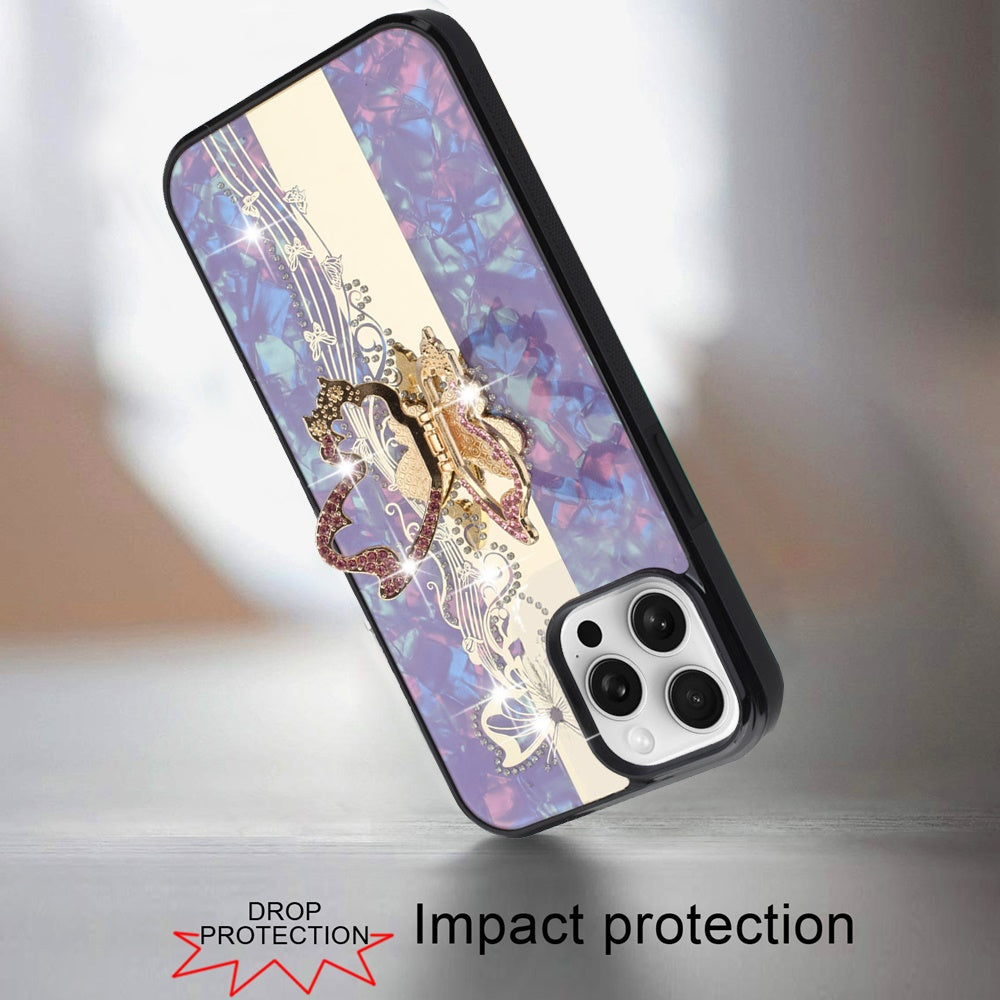 For Apple iPhone 12 Pro Max Diamond Bling Sparkly 3D Ornaments Engraving Hybrid with Ring Stand Fashion Case Cover Enchanted Butterfly Purple