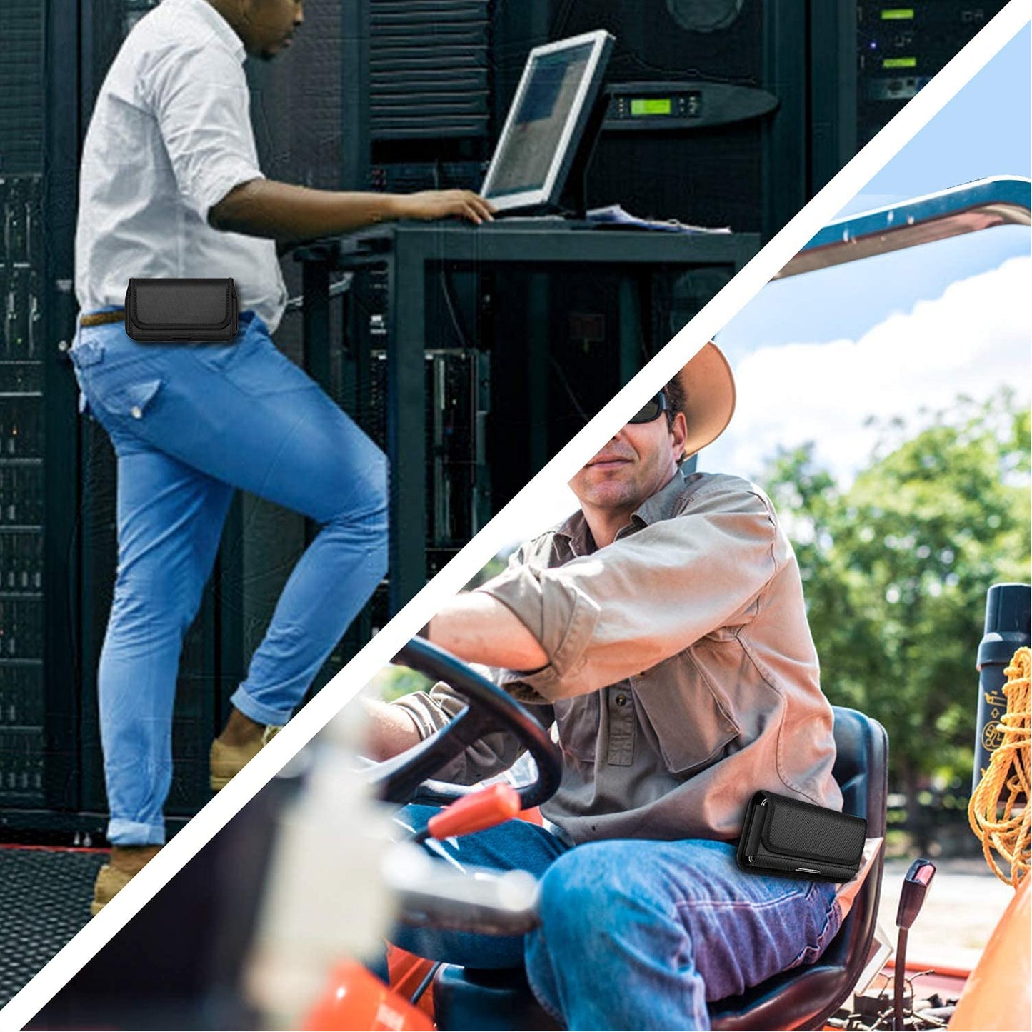 For Apple iPhone 16 Plus (6.7") Universal Leather Belt Holster Horizontal Pouch Phone Holder with Belt Loop / Clip Waistband (X-Large) Cover [Black]