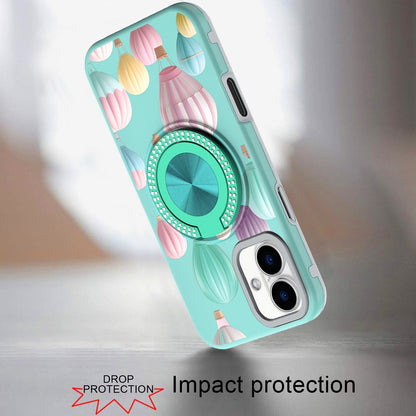 For iPhone 16 (6.1") Pattern Design Hybrid with Invisible Ring Stand & Magnetic Back, Shockproof Protective Grip Case Cover
