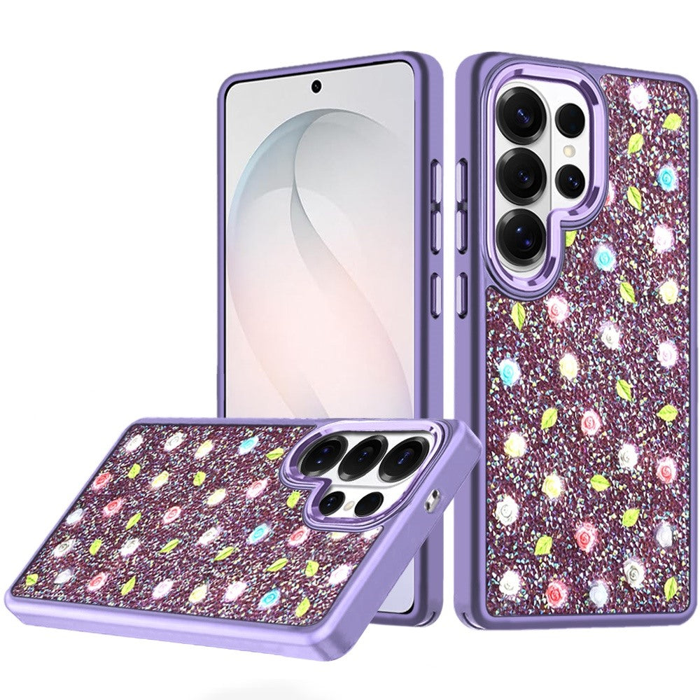 For Samsung Galaxy S26 Ultra Floral Design Embedded Glass Diamond Fancy Fashion Glitter Bling Sparkly Hybrid Rugged TPU Bumper Case Cover