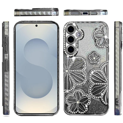 For Samsung Galaxy S26 Luxury Flower Design Sparkle Glitter Diamond Rhinestone Shimmer Bling Plating Thick TPU Hard PC Case Cover