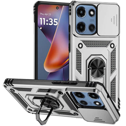 For Motorola Moto G 5G 2025 Hybrid Ring Shockproof with 360° Rotate Ring Kickstand, Camera Lens Protection, Soft Edge Bumper Case Cover Silver