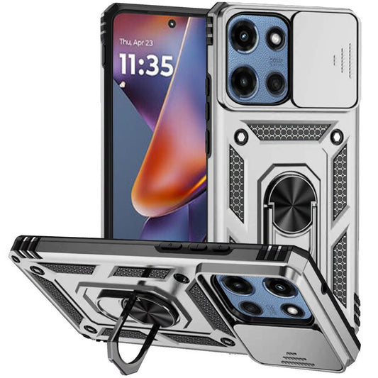 For Motorola Moto G 5G 2025 Hybrid Ring Shockproof with 360° Rotate Ring Kickstand, Camera Lens Protection, Soft Edge Bumper Case Cover Silver