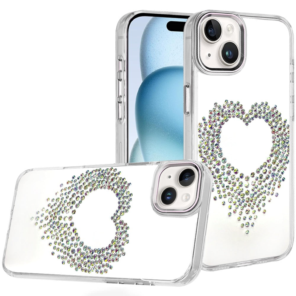 Phone Case for iPhone 15 (6.1") Angel Hearts Bling Shimmer Colorful Glitter Chrome Edge Shockproof Stylish Hybrid Design Cover Silver