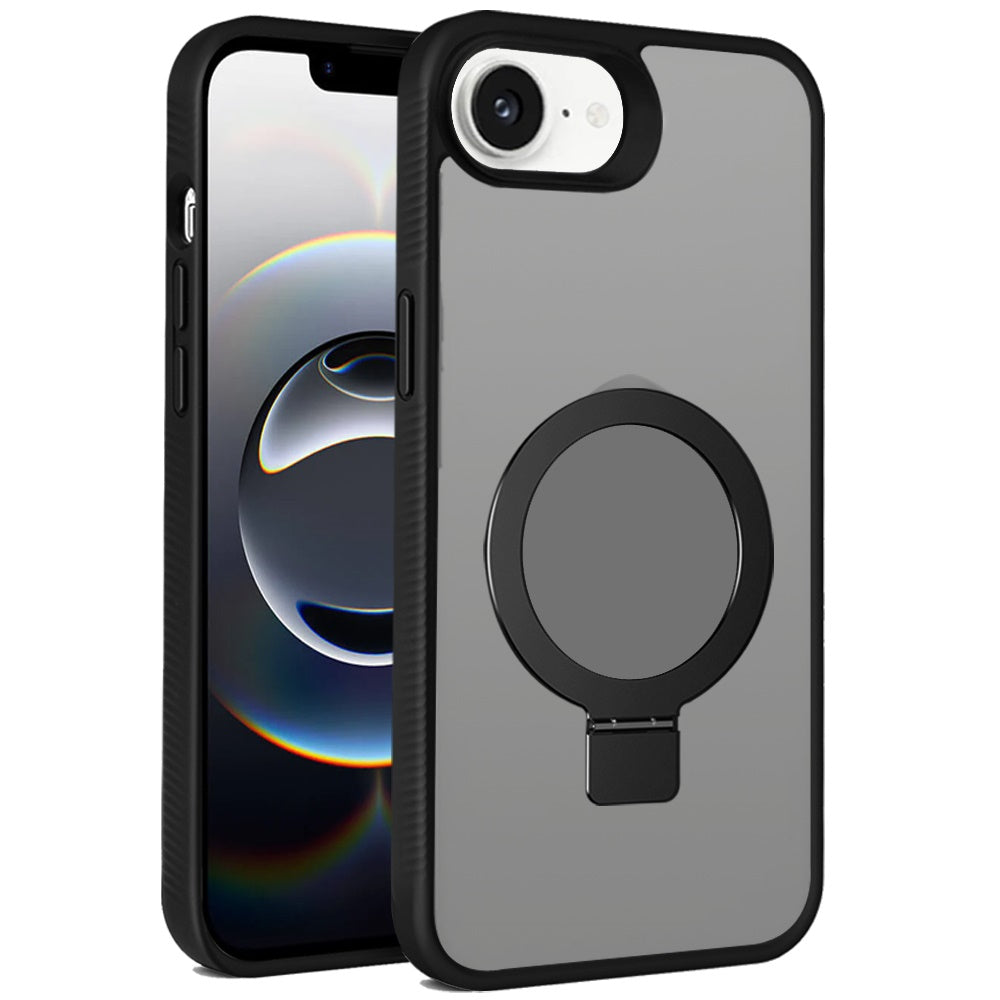 For Apple iPhone 17E /16E Magnetic Circle Kickstand with MagSafe Compatibility, Matte Skin, Rugged Bumper, and Ring Holder Case Cover Black