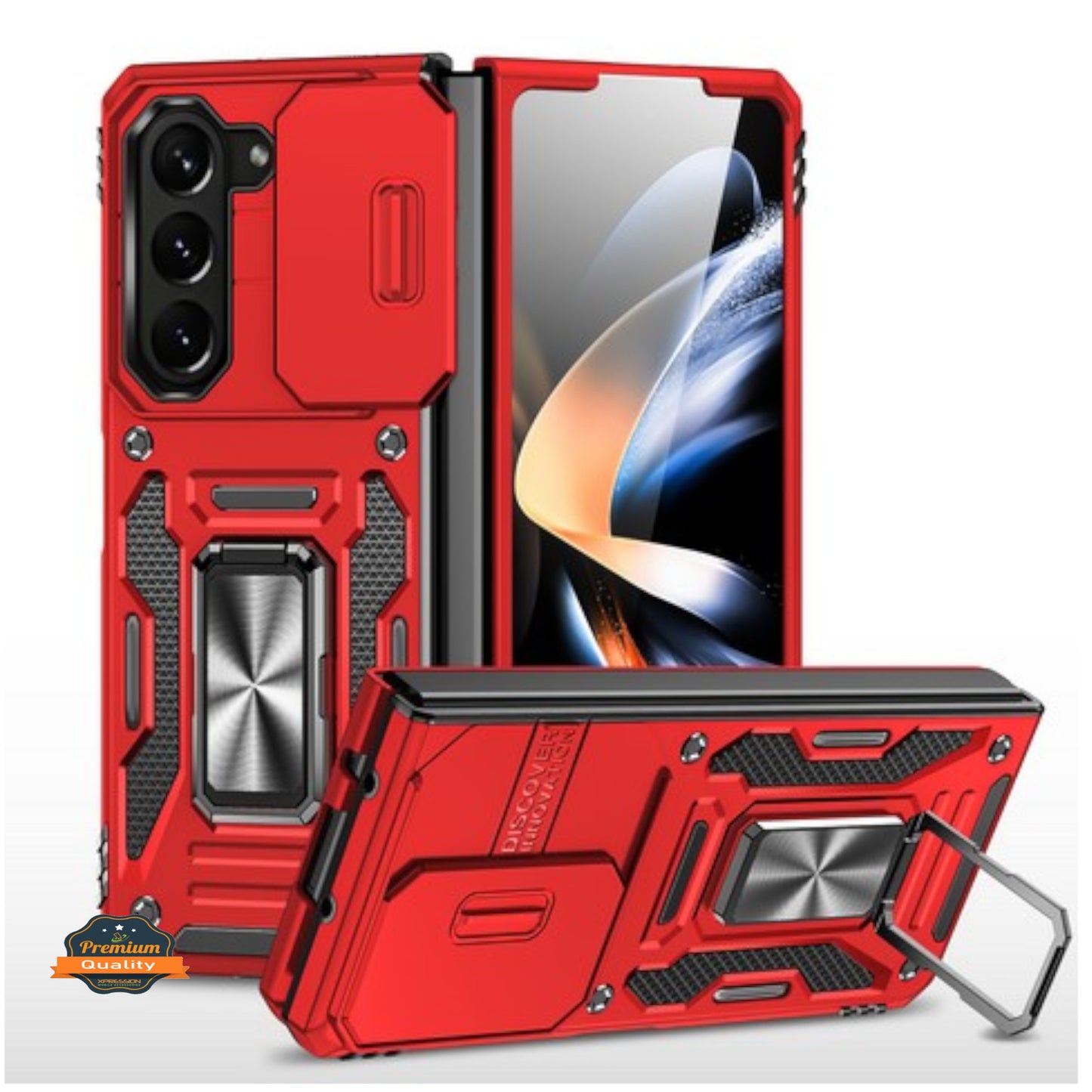 For Samsung Galaxy Z Fold 7 Hybrid Magnetic Ring Stand Case with Slide Camera Lens Protection, TPU Rubber Shockproof Case Cover
