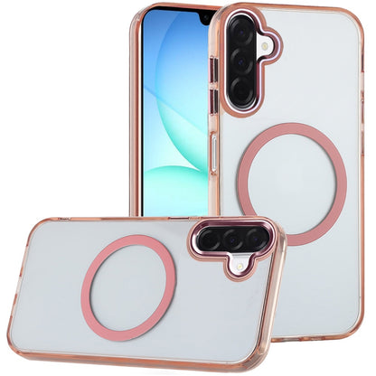 For Samsung Galaxy A17 5G Transparent Back Hybrid Case - Magnetic Circle, Color Frame, Metal Buttons, MagSafe Compatible Case Cover Cosmic Orange