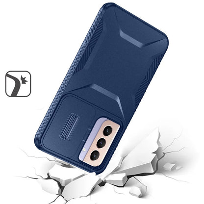 For Samsung Galaxy S21 Slim Fit Shockproof Hybrid with Slide Camera Window Covering, Rugged Tpu Silicone Hard PC Bumper Case Cover Dark Blue