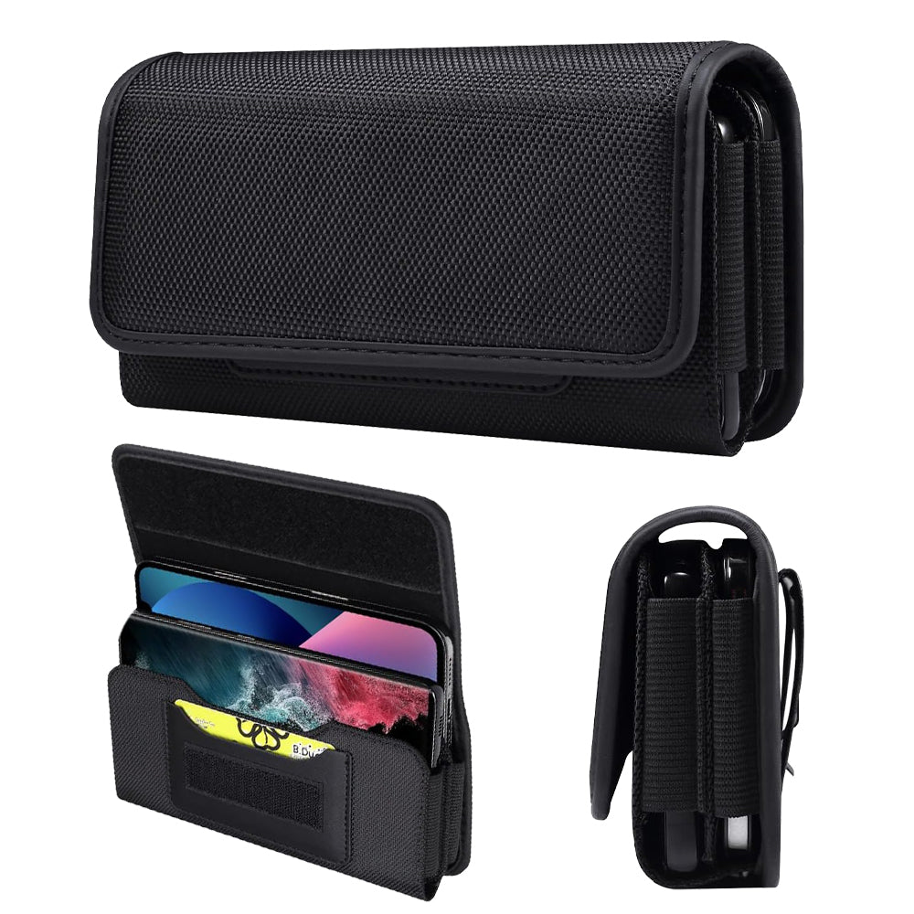 For Apple iPhone 16 Pro (6.3") Universal Dual Horizontal Nylon Case For Two Phone Carrying Pouch Large Cover with Card Storage Pocket & Belt Clip Loop Holster [Black]