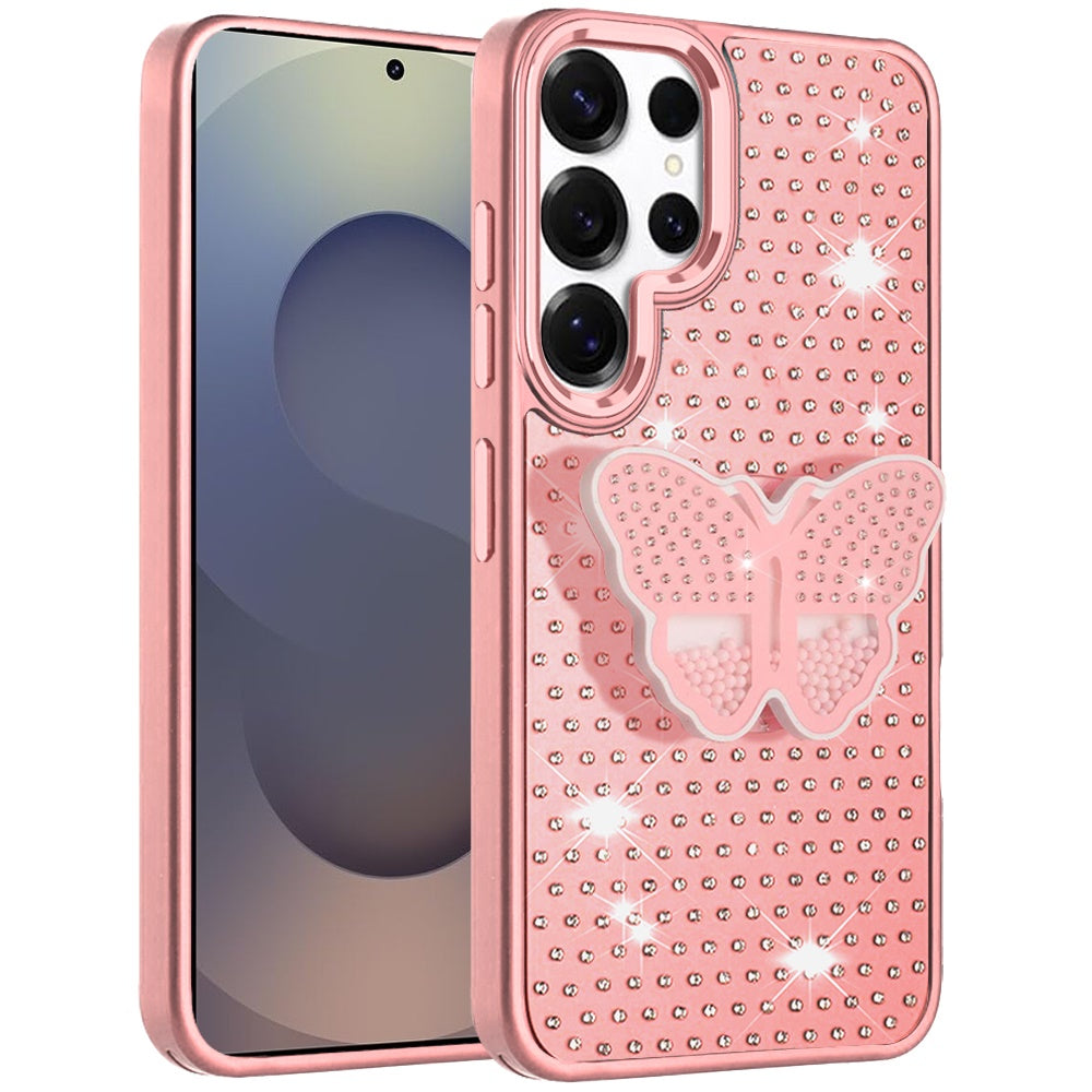 For Samsung Galaxy S25 Ultra Butterfly Moveable Grip 3D Pop Stand Full Diamond Bling Sparkling TPU Fashion Hybrid Case Cover
