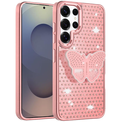 For Samsung Galaxy S25 Ultra Butterfly Moveable Grip 3D Pop Stand Full Diamond Bling Sparkling TPU Fashion Hybrid Case Cover