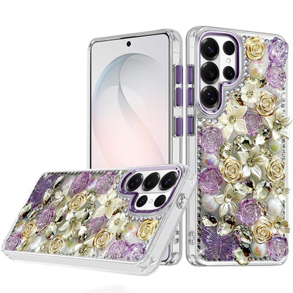 For Samsung Galaxy S26 Ultra 3D Diamond Floral Roses Flower Bling Stone Hybrid, Sparkly Rhinestone Gemstone Back Shockproof Case Cover Purple