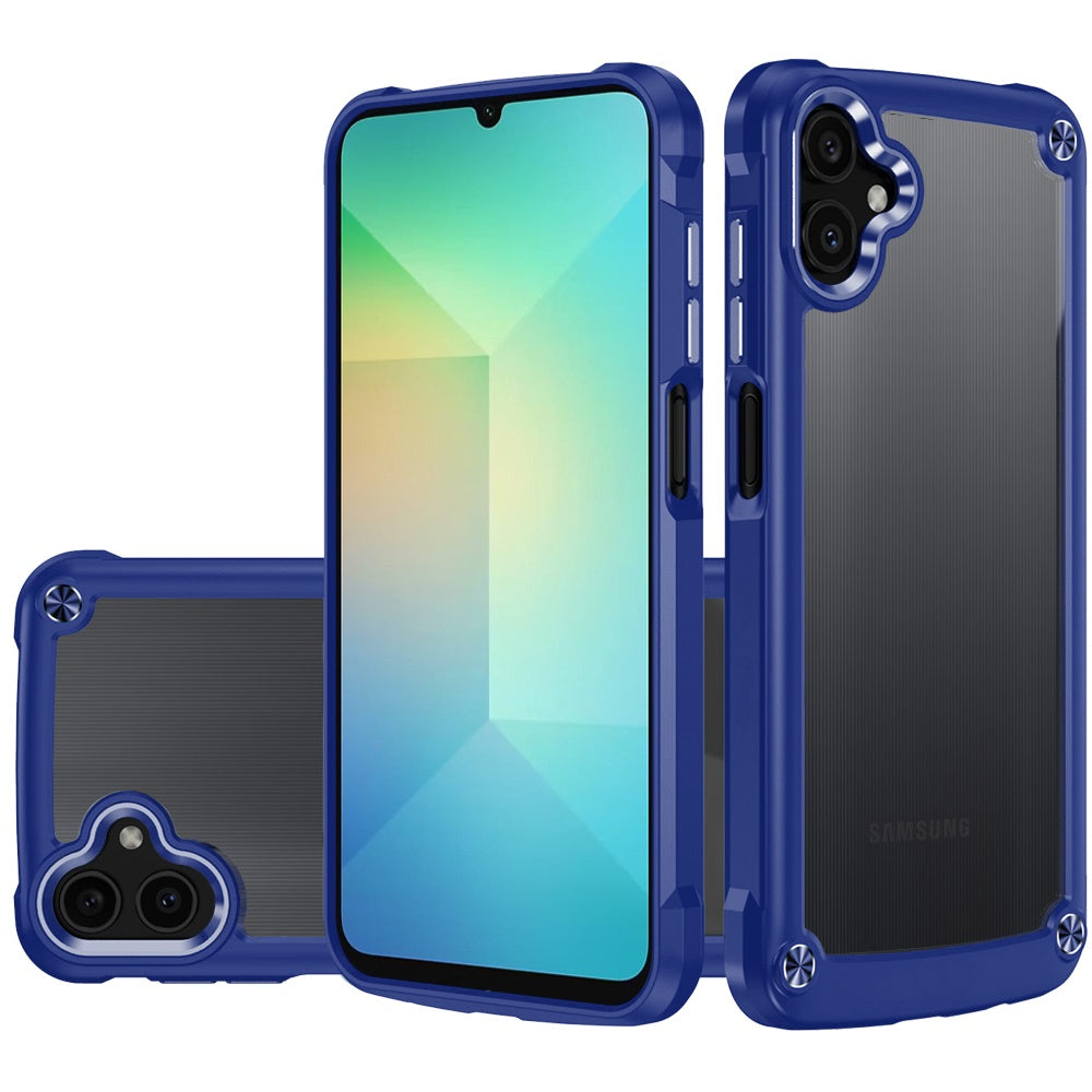 For Samsung Galaxy A06 Hybrid Transparent Rubber with Metal Buttons & Camera Edges Hard TPU Corner Bumper Case Cover