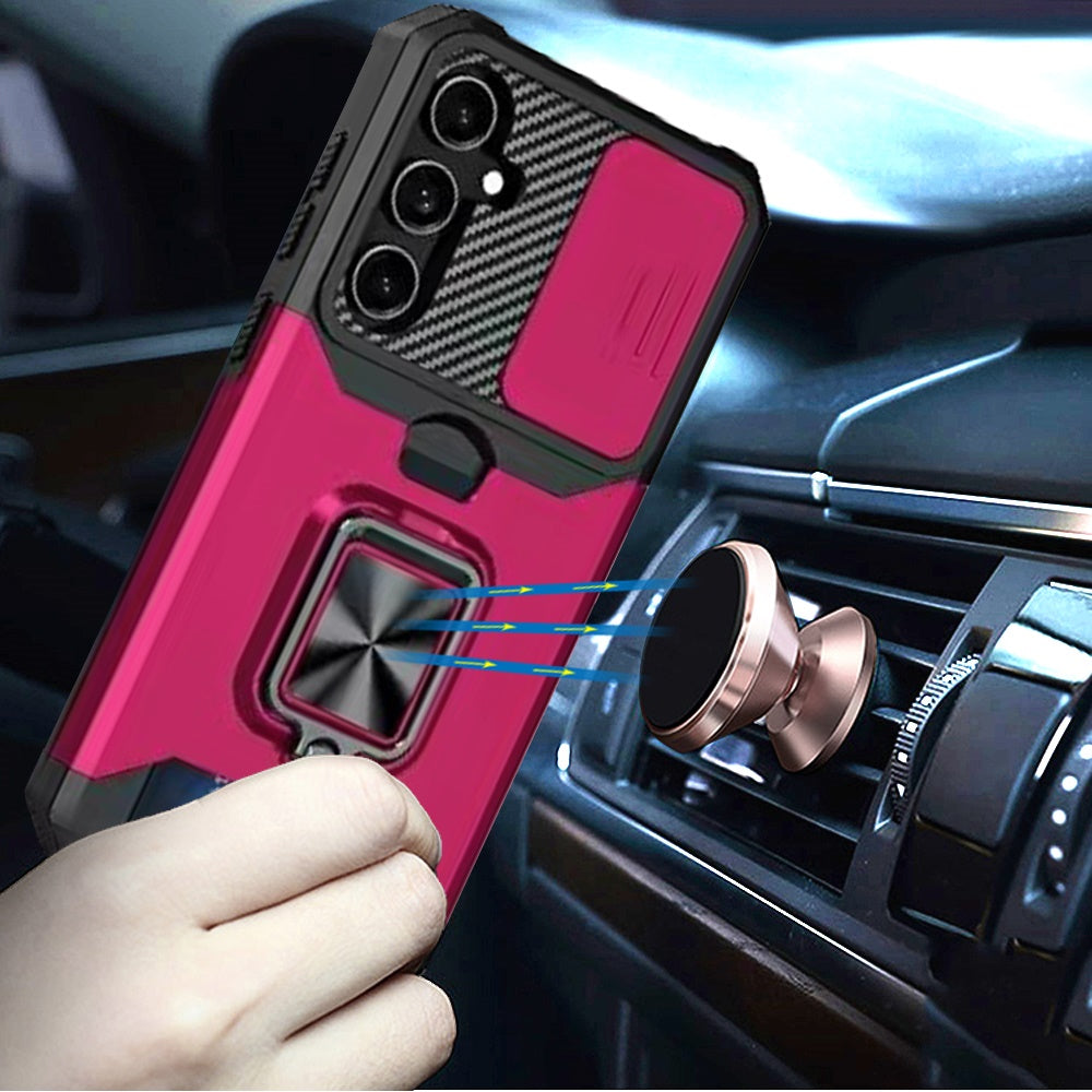 For Samsung Galaxy A26 Wallet Case with Ring Stand & Slide Camera Cover Back Credit Card Slot Holder, Military Grade Case Cover Hot Pink