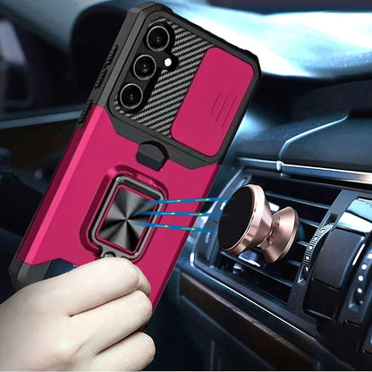 For Samsung Galaxy A26 Wallet Case with Ring Stand & Slide Camera Cover Back Credit Card Slot Holder, Military Grade Case Cover Hot Pink