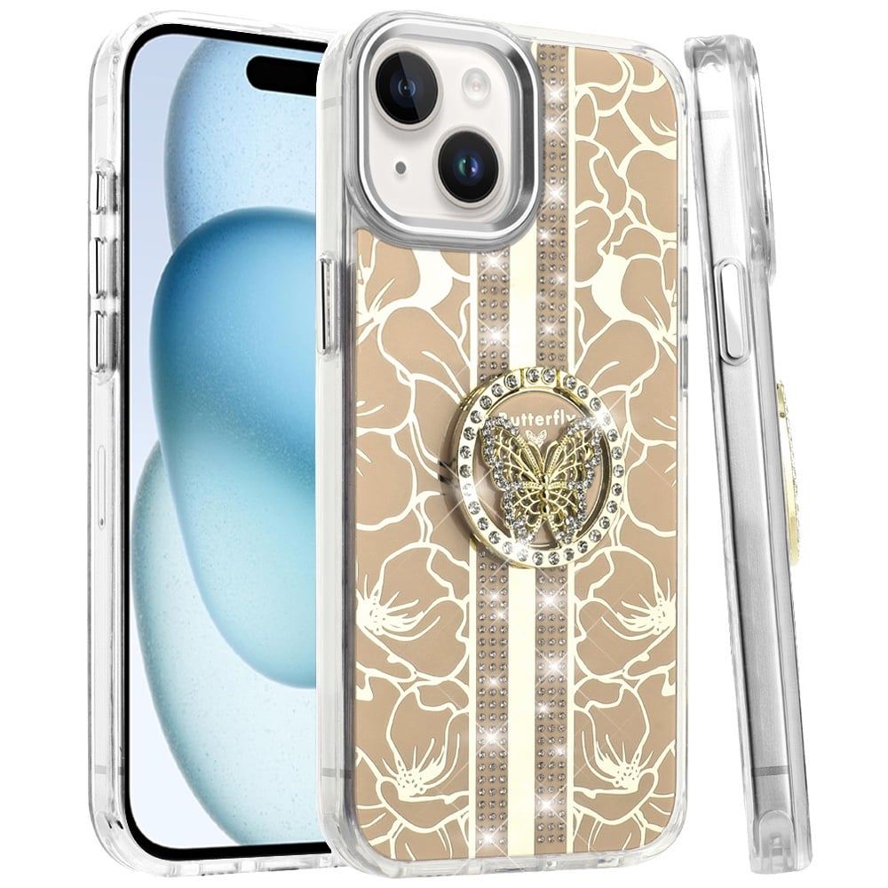 Phone Case for iPhone 15 (6.1") Floral Butterfly Ring Stand Glitter Shockproof Hybrid Luxury Metal Camera Protective Anti Slip Durable Grip Cover Gold