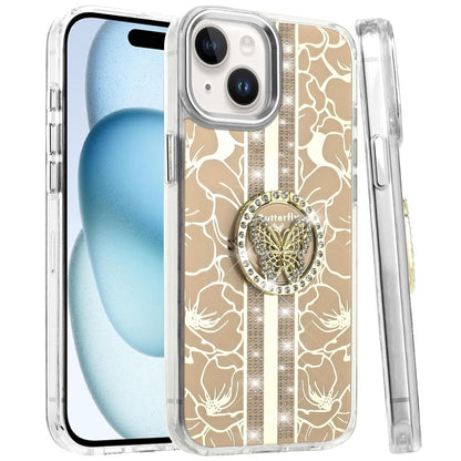 Phone Case for iPhone 15 (6.1") Floral Butterfly Ring Stand Glitter Shockproof Hybrid Luxury Metal Camera Protective Anti Slip Durable Grip Cover Gold