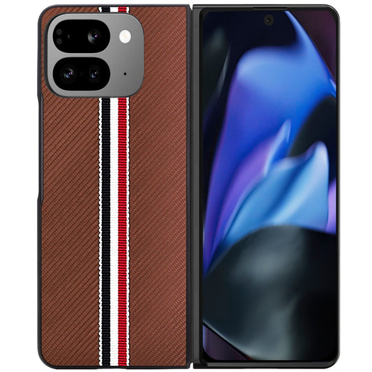 For Google Pixel 10 Pro Fold Velvet Fabric PU Vegan Leather, Premium Flip Design, Slim Snap-On Hard PC + TPU Case Cover Brown