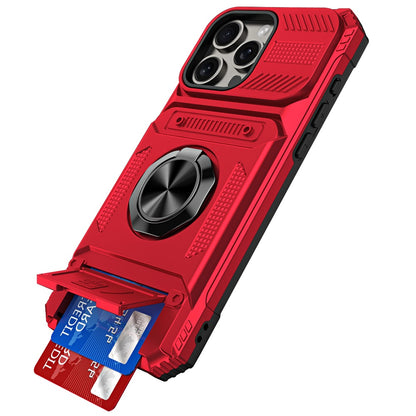 For iPhone 16 Pro Max (6.9") 2X Card Slot Metal Ring Stand Hybrid Shockproof Heavy Duty Drop Protection Multi Functional Design Case Cover Red