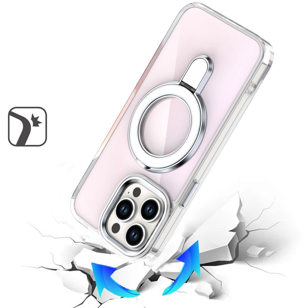For Apple iPhone 15 Pro Max Chrome Hybrid with Rotating Magnetic Circle Ring Stand, Slim Shockproof Hybrid Case Cover