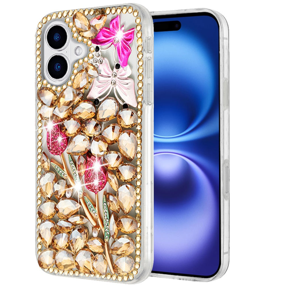For Apple iPhone 17 (6.3") Bling Crystal 3D Full Diamonds Luxury Sparkle Rhinestone Hybrid Protective Case Cover