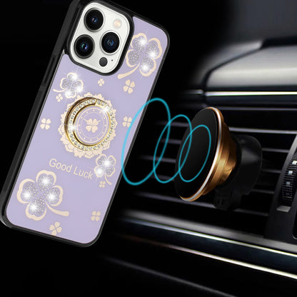 For Motorola Moto G 5G 2025 Diamonds 3D Fashion Floral Bling Sparkly Glitter Ornaments Engraving Hybrid with Ring Stand Case Cover Purple Good Luck Floral