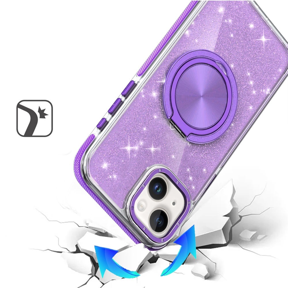 For iPhone 15 Plus (6.7") Slim Bling Glitter Sparkly Shimmer Hybrid with Magnetic Ring and 360° Rotational Stand [Compatible with Magsafe] Case Cover