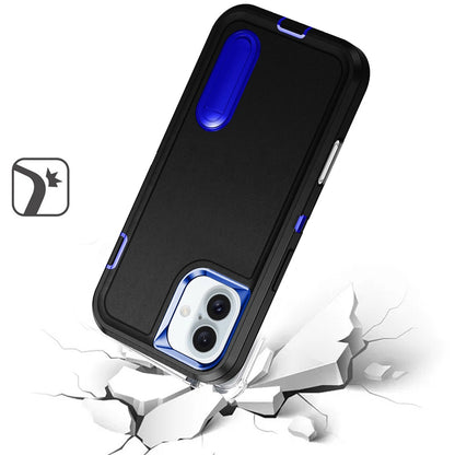 Phone Case for Apple iPhone 16 Plus 3in1 Tough Rugged Kickstand Shockproof Armor Grip Heavy Duty Drop Resistant Protective Hybrid Cover Black +Dark Blue