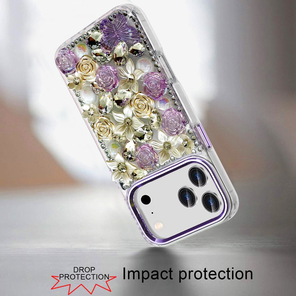For Apple iPhone 17 Pro Max (6.9") 3D Diamond Floral Roses Flower Bling Stone Hybrid, Sparkly Rhinestone Gemstone Back Shockproof Case Cover