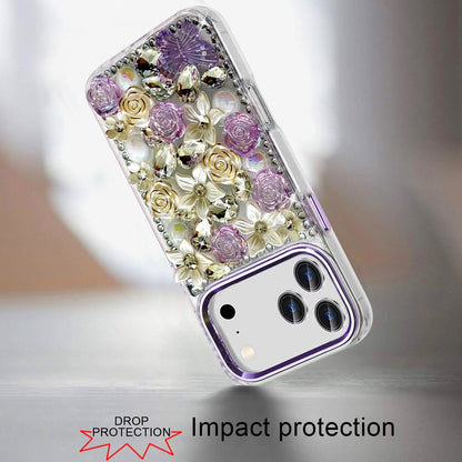 For Apple iPhone 17 Pro Max (6.9") 3D Diamond Floral Roses Flower Bling Stone Hybrid, Sparkly Rhinestone Gemstone Back Shockproof Case Cover