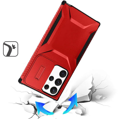 For Samsung Galaxy S22 Ultra Slim Fit Shockproof Hybrid with Slide Camera Window Covering, Rugged Tpu Silicone Hard PC Bumper Case Cover Red