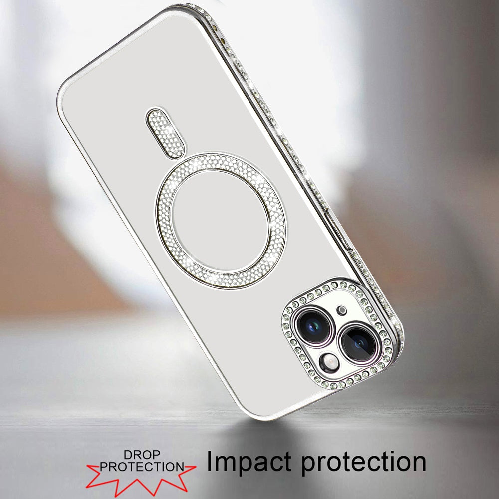 For Apple iPhone 15 Bling Case with Diamond Magnetic Circle, Transparent Slim Shockproof Hybrid Slim Fit Case Cover