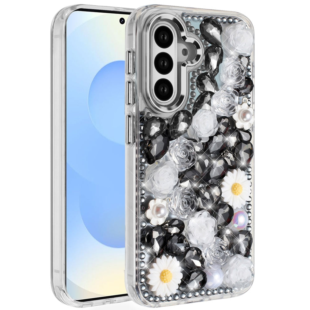 For Samsung Galaxy S25 Plus /S25+ /S24/Plus Fashion Daisy Floral Series, Full 3D Bling Crystal Diamonds Sparkling Rhinestone Glitter Hybrid Design Case Cover