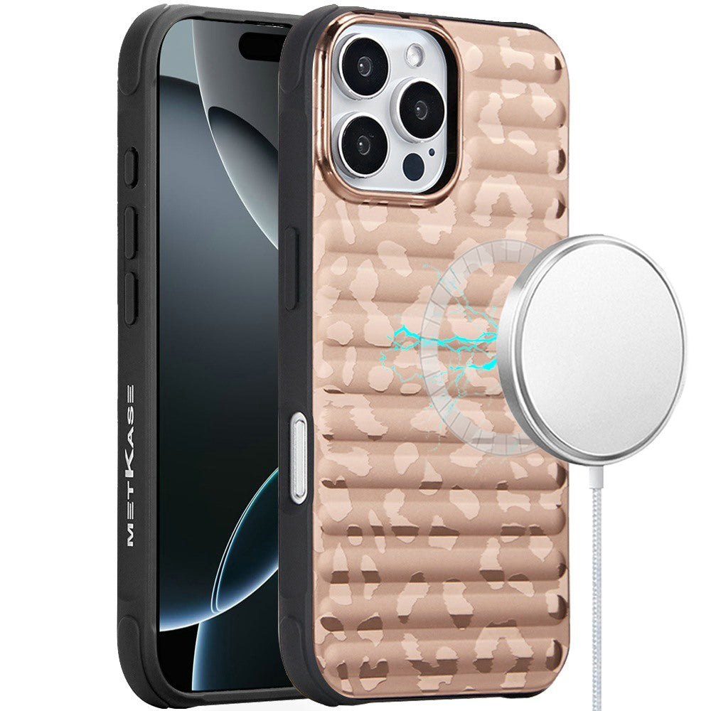 For Apple iPhone 16 Pro Chrome Leopard Magnetic Hybrid Shockproof Protection Design Anti Scratch Secure Grip Stylish Durable Finish Case Cover Rose Gold Leopard