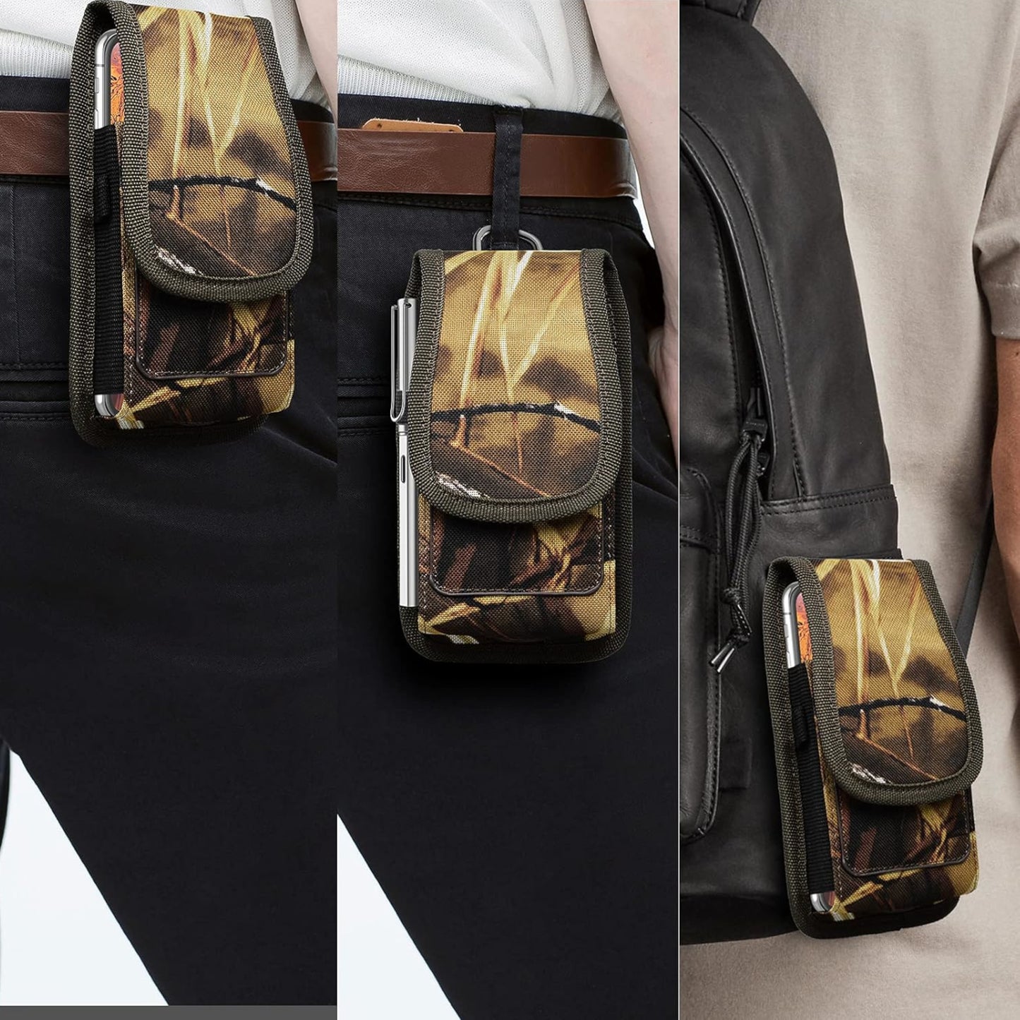 For Apple iPhone 16 Pro (6.3") Vertical Camouflage Nylon Canvas Holster Universal Cell Phone Pouch Velcro Closure with Credit Card Slot & Belt Clip Loop Carabiner [Hunting Camo]