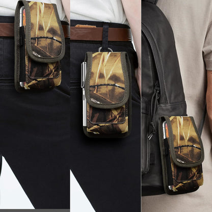 For Apple iPhone 16 Pro (6.3") Vertical Camouflage Nylon Canvas Holster Universal Cell Phone Pouch Velcro Closure with Credit Card Slot & Belt Clip Loop Carabiner [Hunting Camo]