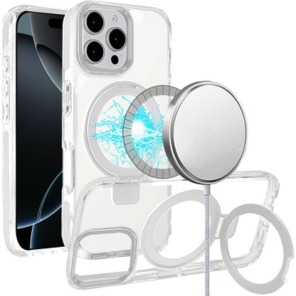 For Apple iPhone 16 Pro (6.3") Hybrid Transparent Circle Back Ring Kickstand [Compatible with MagSafe] Shockproof Color Frame Bumper Case Cover