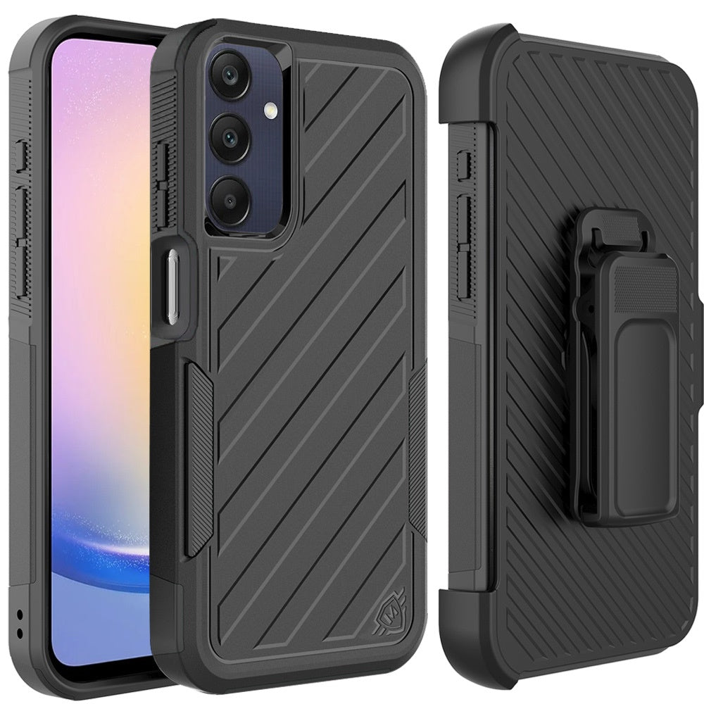 For Apple iPhone 16 (6.1") Combo Hybrid lined with Belt Clip Holster Armor Shockproof Rugged Textured 2in1 Non Slip Tough Case Cover Black / Gray